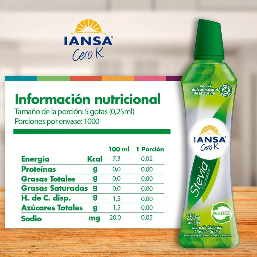 Endulzante Iansa Cero K Líquido Stevia Sucralosa 250 ml